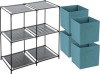 Étagère de rangement sans marque - 2 niveaux - métal - plastique - noir - 67 x 68 cm - incluant 4 paniers de rangement bleu pétrole