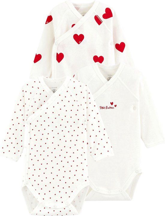 Petit Bateau Set van 3 rompertjes met lange mouwen in biologisch katoen - Meisjes - Maat 74 - Wit/Rood + Wit/Rood + Wit