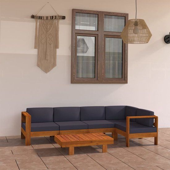 The Living Store Wooden Lounge Set - Garden Furniture Set - Solid Acacia Wood - Dark Grey Cushion - Dimensions 100 x 60 x 25 cm