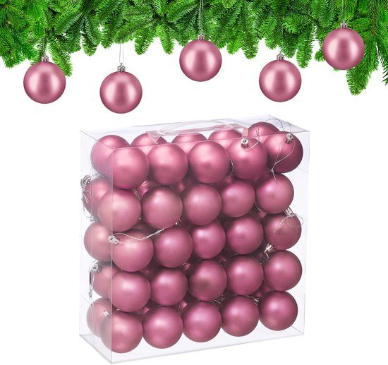 Relaxdays Kerstballen set van 50, Ø 6 cm, mat, kunststof, roze