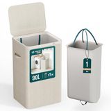 VOUNOT® Wasmand, 90 l, rechthoekig, met deksel, afneembare zak, zelfverstelbaar, met handgrepen, wasmand voor badkamer, slaapkamer en bijkeuken, beige