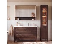 Moka Bois foncé Ensemble meuble simple vasque encastrée droite 120cm colonne et armoire miroir