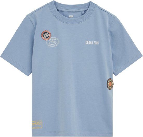 WE Fashion Jongens T-shirt met patches Lichtblauw Katoen Ronde hals Korte mouw Regular Fit Maat 134/140