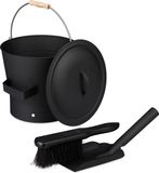 Relaxdays Asemmer met deksel en veegset, 7,5 liter, inclusief garde en schoorsteenschep, asbak met handvat, zwart