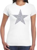 Bellatio Decorations Shoppartners Bv Glitter and glamour ster T-shirt - zilver glitters - wit - dames - Verkleedkleding - Feestkleding M