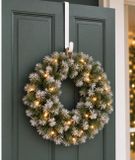 Couronne de Noël givrée - D45 cm - avec éclairage - incl. crochet de porte blanc - 29,5 cm