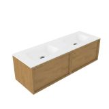 Saniclass Holz Frame Badkamermeubelset - 140x45x41.5cm - Flow solid surface wastafel wit - 2 wasbakken - zonder kraangaten - 2 lades - mat eiken natural (hout) SW1420775/SW1224151