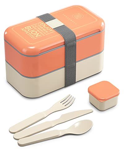 Linoroso Lunchbox Erwachsene Brotdose mit 3 Fächern Bento Box mit Soßenbehälter und Geschirr Lunch Box für Mikrowelle und Spülmaschine Kunststoff BPA-frei Als Frühstücksbox Jausenbox Salatbox - Orange