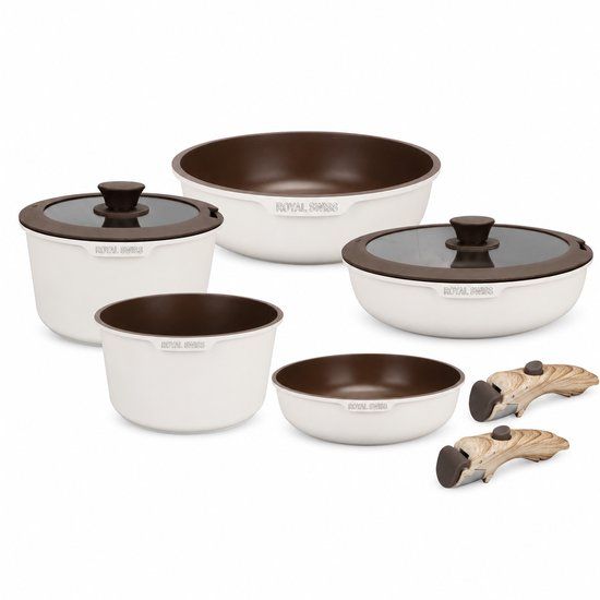 Royal Swiss® 9-delige Pannenset - Afneembare Handgreep - Geschikt voor Inductie & Alle Warmtebronnen - Beige