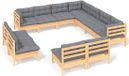 vidaXL 11-delige loungeset met grijze kussens massief grenenhout