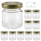 Mikken 10 x Mini Jampot Inmaakpot 53 ml met Deksel Goud Incl. Etiketten