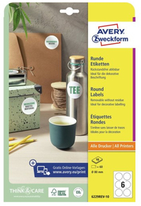 Avery Zweckform Ronde Etiketten - 80mm - Wit - Verwijderbaar - 60 Etiketten - 10 Vellen