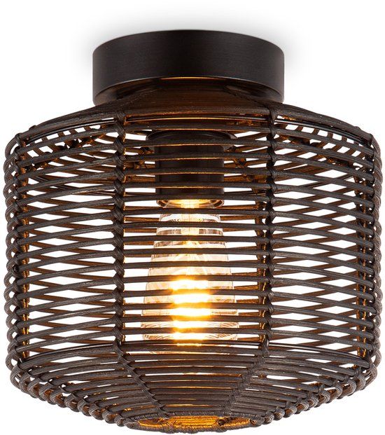 Home Sweet Home Boheemse stijl Plafondlamp - Bamboe Lampenkap - Ovaal - Zwart - Ø25 x 24 cm - E27 fitting
