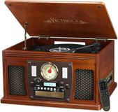 Victrola Navigator 8-in-1 Bluetooth platenspeler met ingebouwde luidsprekers – 3 snelheden, cd-speler, cassette, FM-radio, USB, RCA-uitgang, hoofdtelefoonaansluiting en echt houten behuizing (Mahonie)
