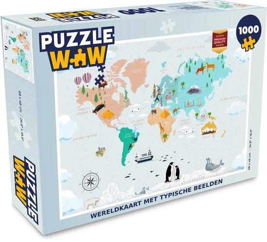 MuchoWow Puzzel Wereldkaart Kinderen - Symbolen - Kompas - Legpuzzel - Puzzel 1000 stukjes volwassenen