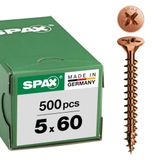 SPAX Universele schroef, 5 x 60 mm, 500 stuks, Voldraad, Verzonken kop, Kruiskop Z2, 4CUT, Gebruineerd
