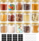 Glastal 15 pots à herbes, 180 ml, rond, borosilicaté, pot de stockage décoratif, bouteilles à herbes avec couvercle en bambou, 32 étiquettes noires, 1 marqueur, 8 joints de rechange, verre, conservation pour épices, 6,7 x 8,8 cm