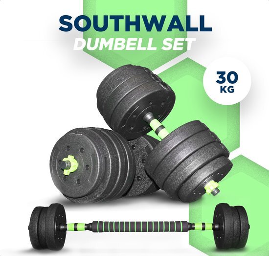 SOUTHWALL Dumbbells set Verstelbaar met Halterstang tot 30kg – Verstelbare Halterset – Fitness Stang – Fitness Gewichten Set – Professionele 2-in-1 Dumbbellset – Home Gym – Krachttraining – Gebruiksvriendelijk – Multifunctioneel – Dumbell set 30 kg