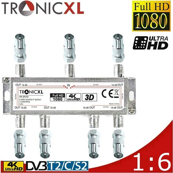 TronicXL 6-voudig BK verdeler Premium TV kabel adapter antenneverdeler kabeltelevisie DVBC bv voor Unitymedia Splitter Unicable 6-voudig HD geschikt 4K HDTV DC doorlaat FM radio satellietsystemen