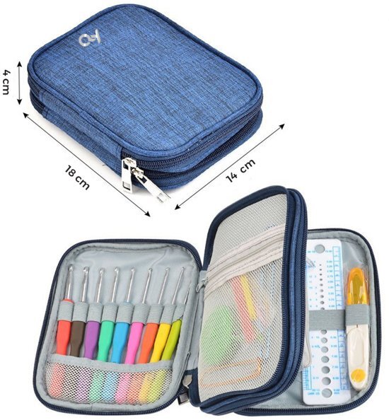 QY luxe Softgrip haaknaaldenset 25-delig met haak& brei accessoires in luxe etui - blauw