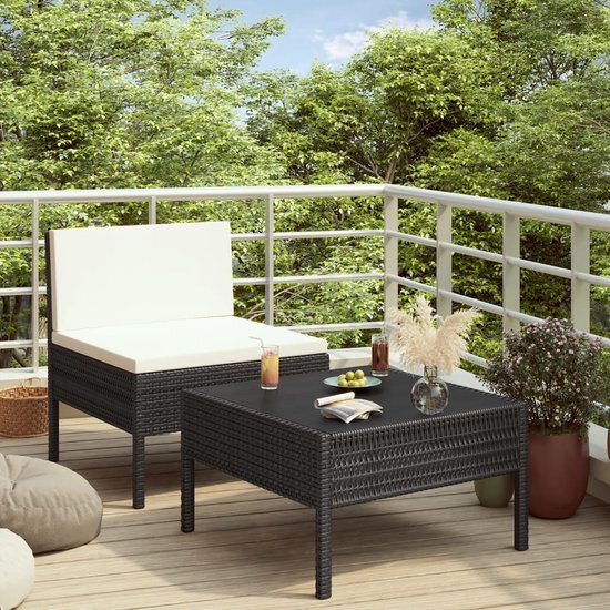 The Living Store Loungebank - PE-rattan - Zwart - 57 x 69 x 69 cm - Inclusief kussens