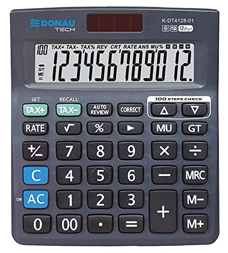 Tafelrekenmachine DONAU Tafelrekenmachine TECH/K-DT4128-01 12-cijferige wortelfunctie/140x122x22mm/ Kleur: Zwart/Calculator met 12-cijferige weergave/Dual-Power Solar - batterijwerking/compact ontwerp/ 5 jaar garantie