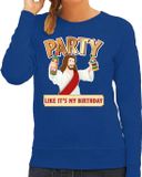 Bellatio Decorations Foute kersttrui - Jesus Party like it is my birthday - blauw - voor dames - kerstkleding L