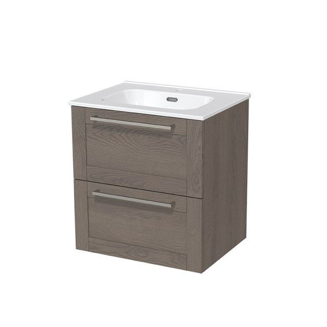 Maxaro Badkamermeubel 60cm Modulo Donkerbruin Eiken 2 lades Kader Wastafel Keramiek