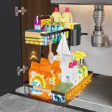 Unyqoos® Unité de rangement double sous évier, réglable de 35 à 43 cm, en métal épais inoxydable, avec 2 tiroirs coulissants, capacité de charge 30 kg, crochets et panier inclus