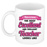 Bellatio Decorations Cadeau koffie/thee mok - excellent leraar/mentor - wit - keramiek - 300 ml