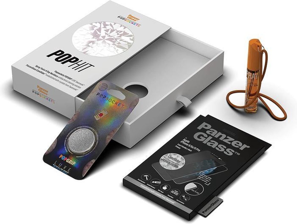 PopSockets x PanzerGlass™ PopHit-pakket - Houdt in: Screenprotector, Reinigingsspray en PopGrip Swarovski® Silver Crystal voor iPhone XS MAX/ 11 PRO MAX