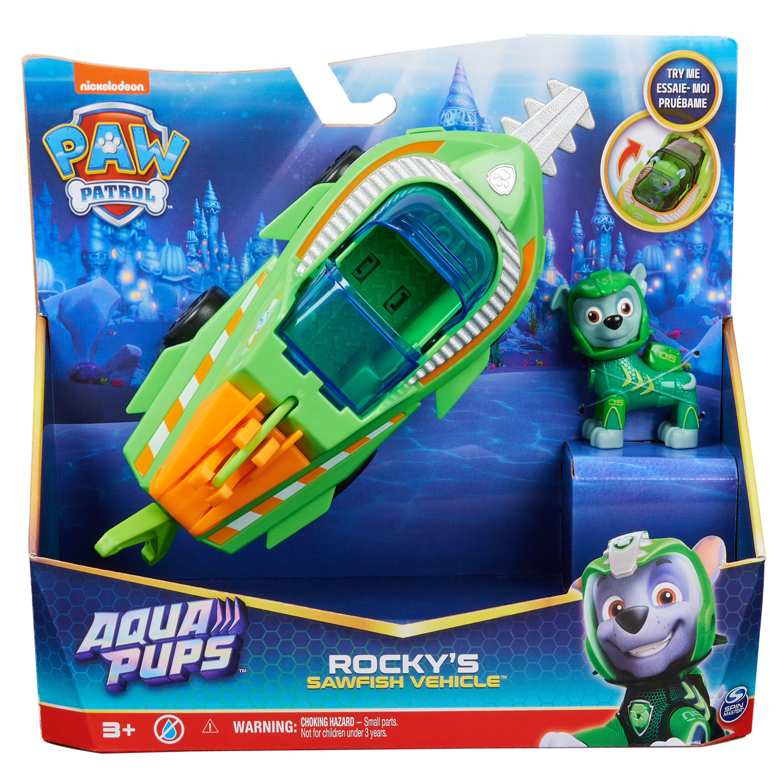 PAW Patrol Aqua Pups - Transformerend Zaagvis-voertuig met Rocky-speelfiguur