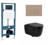 QeramiQ Dely Swirl Toiletset - inbouwreservoir Qeramiq Flush - 35mm zitting - kunststof taupe bedieningsplaat - rechthoekige knoppen - mat zwart