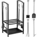 Porte-bûches, Étagère à bûches, 2 niveaux, Kit de cheminée, Jusqu'à 100 kg, Acier, Noir, 40 x 30 x 74,5 cm