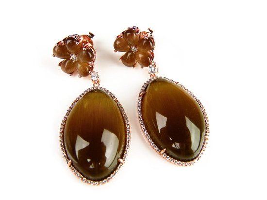 Zilveren oorringen roos goud verguld Brown Fantasy bruine stenen zirkonia 925 zilver