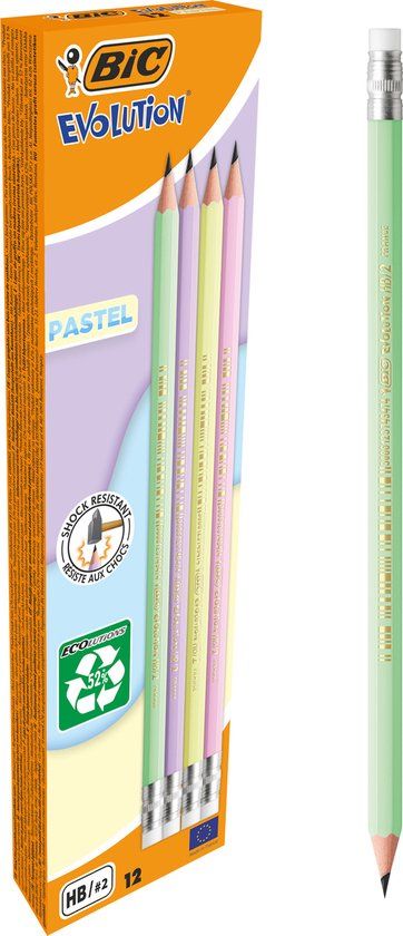 BIC Evolution Pastel Grafietpotloden - 12 stuks - 4 kleuren - HB - Met gum