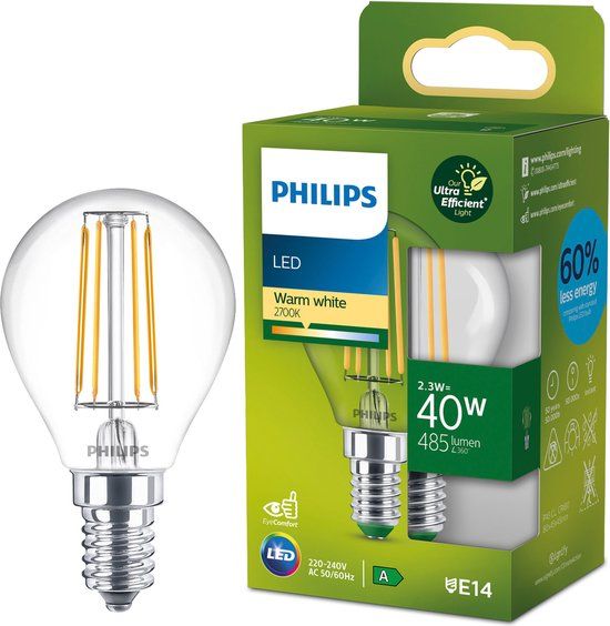 Philips Ultra Efficient LED E14 Kogellamp - 40W - Warm Wit - Helder Glas