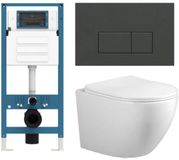 Adema Salina 2.0 Toiletset - 48.5x36x32cm - diepspoel - spoelrandloos - QeramiQ inbouwreservoir - softclose - quickrelease - toiletzitting - mat antraciet kunststof bedieningsplaat - rechthoekige knoppen - wit