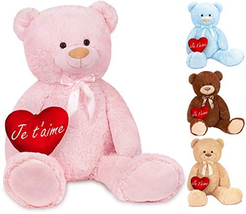 BRUBAKER XXL Teddybeer 100 cm met een Hartje - Je t'aime - Roze