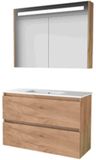 Basic-Line Premium 39 Badkamermeubelset - Ondiep - 100 x 39 cm - Greeploos - 2 Lades - Keramische Wastafel - 1 Kraangat - Spiegelkast met LED Verlichting - Whisky Oak