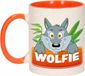 Bellatio Decorations Wolfie mok - oranje/wit - keramiek - 300 ml - kinder beker wolf