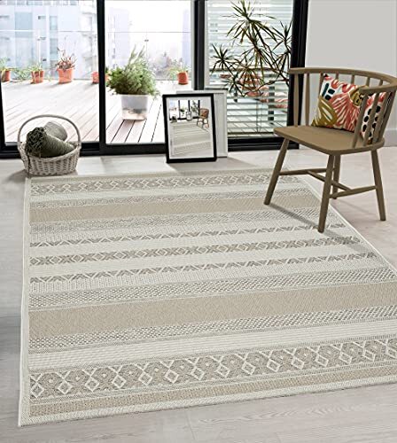 the carpet Calgary - robuust outdoor tapijt, modern design, weerbestendig en uv-bestendig, voor balkon, terras en serre, ook geschikt voor keuken of eetkamer, beige, 160 x 220 cm