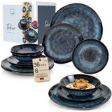Sänger Tokyo 36-delig tafelservies voor 12 personen | Tafelservies van aardewerk, modern, handgemaakt, donkerblauw met zwarte accenten