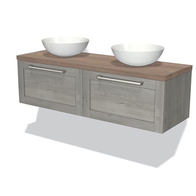 Maxaro Badkamermeubel voor Waskom 140cm Modulo Plato Grijs Eiken 2 Lades Kader Middenbruin Eiken Blad
