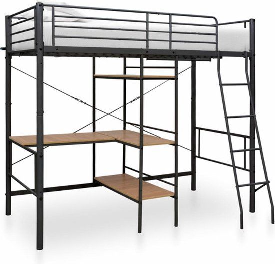 vidaXL Stapelbedframe met tafel metaal grijs 90x200 cm