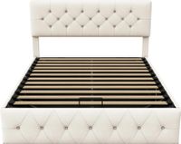 Lit rembourré - Cadre de lit double 160x200 cm - Lit avec mécanisme de levage - Revêtement en velours - Cadre en métal - Sans matelas - Beige