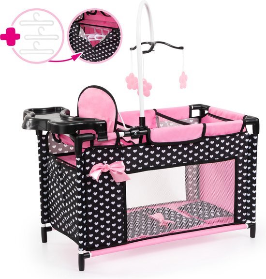 Bayer Design 62660AA Poppenbed met geïntegreerde kinderstoel, kastcompartiment, mobiel, kussen, dekbed, zwart, roze