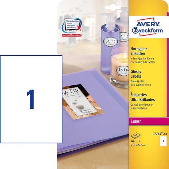 Avery Glanzende Etiketten - Wit - 210 x 297 mm - Permanent Klevend - 40 stuks