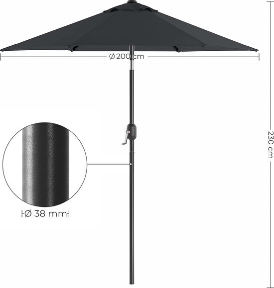 alles voor op de weg SONGMICS Parasol 200 cm, marktparasol, tuinparasol, UV-bescherming tot UPF 50+, parasolstok en baleinen van metaal, buigbaar, zonder standaard, voor terras en balkon, grijs GPU202G01