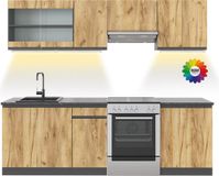 Vicco Complete keukeneenheid R-Line, Goudkleurig Eiken/Antraciet, 240 cm zonder werkblad met LED-strip